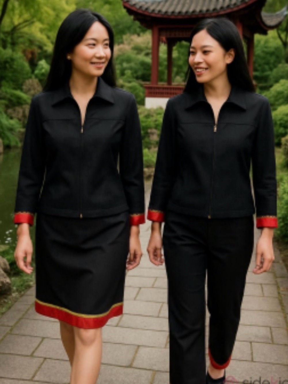 Y2K 3 PC CLIO BLACK W RED ASIAN PRINT SATIN TRIM CROPPED JACKET SKIRT & CAPRI